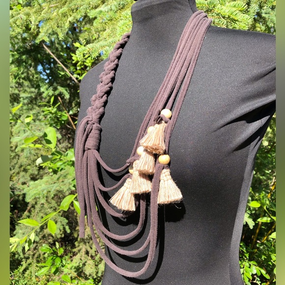 Brown Recycled Fabric Graduated Multi Strand Necklace Wood Beads Burlap Tassels - Picture 5 of 7